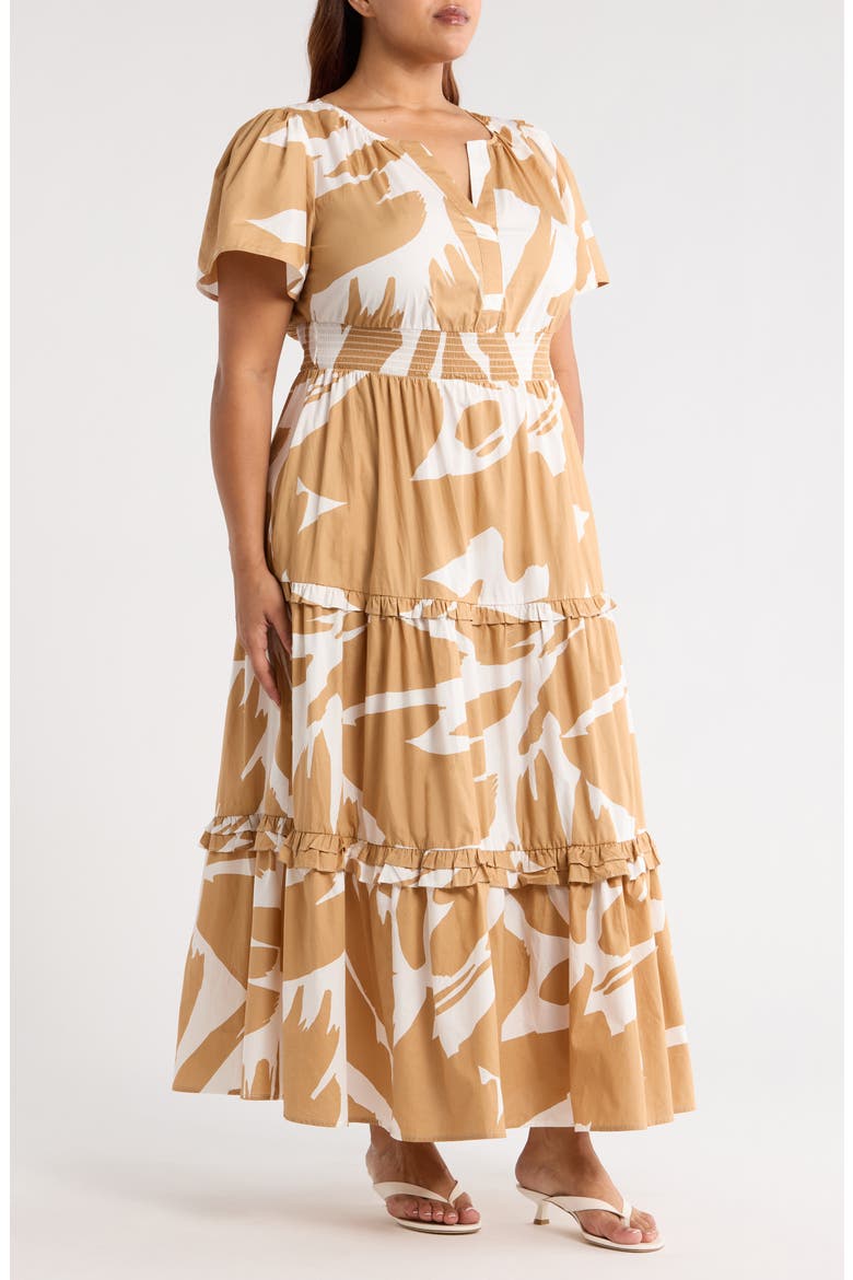 Hazel Abstract Palmer Tiered Cotton Maxi Dress, Alternate, color, CAMEL/ MULTI