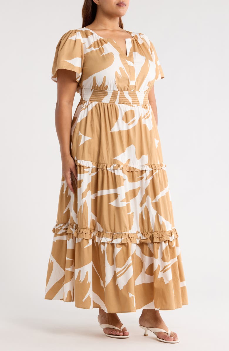 SUGARLIPS Hazel Abstract Palmer Tiered Cotton Maxi Dress, Alternate, color, Camel/ Multi