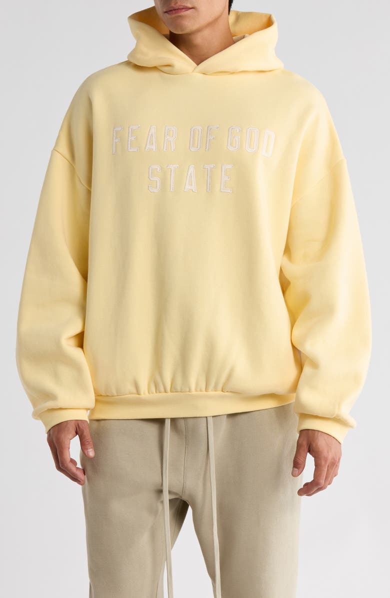 Fear of God Essentials '90s Fit Fleece Logo Hoodie, Main, color, Garden Yellow