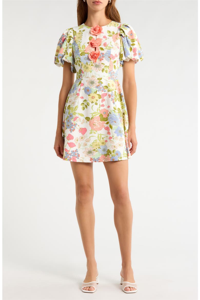 Rosette Puff Sleeve Dress, Main, color, CREAM-MULTI