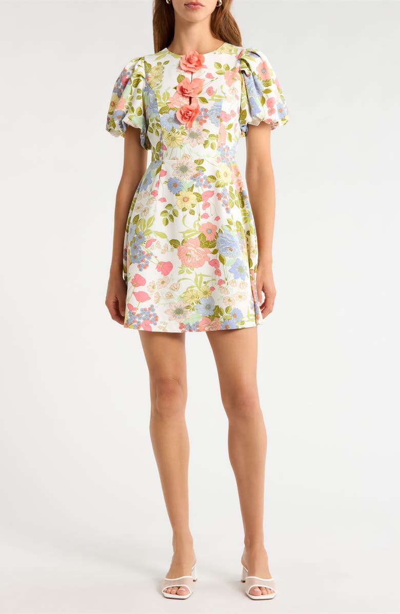 SUGARLIPS Rosette Puff Sleeve Dress, Main, color, Cream-Multi