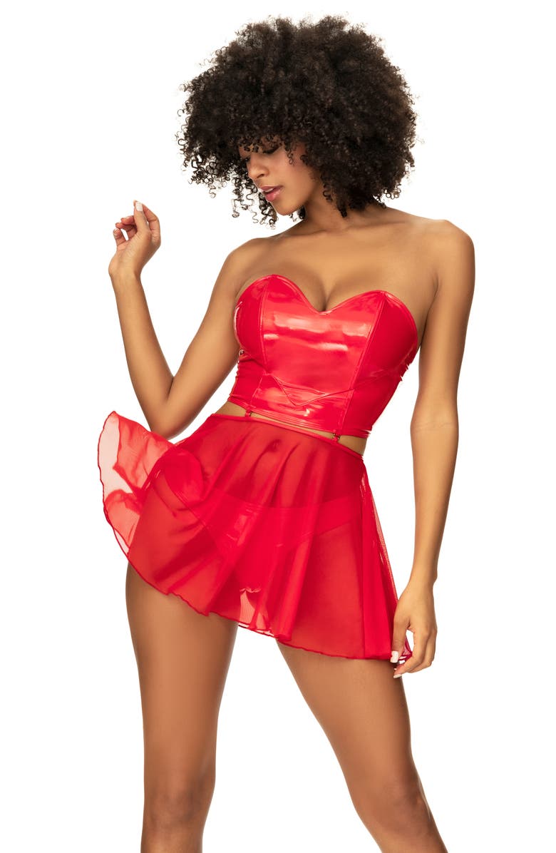 Mapale Vinyl Bustier, Thong & Sheer Skirt Set, Alternate, color, Wet Red