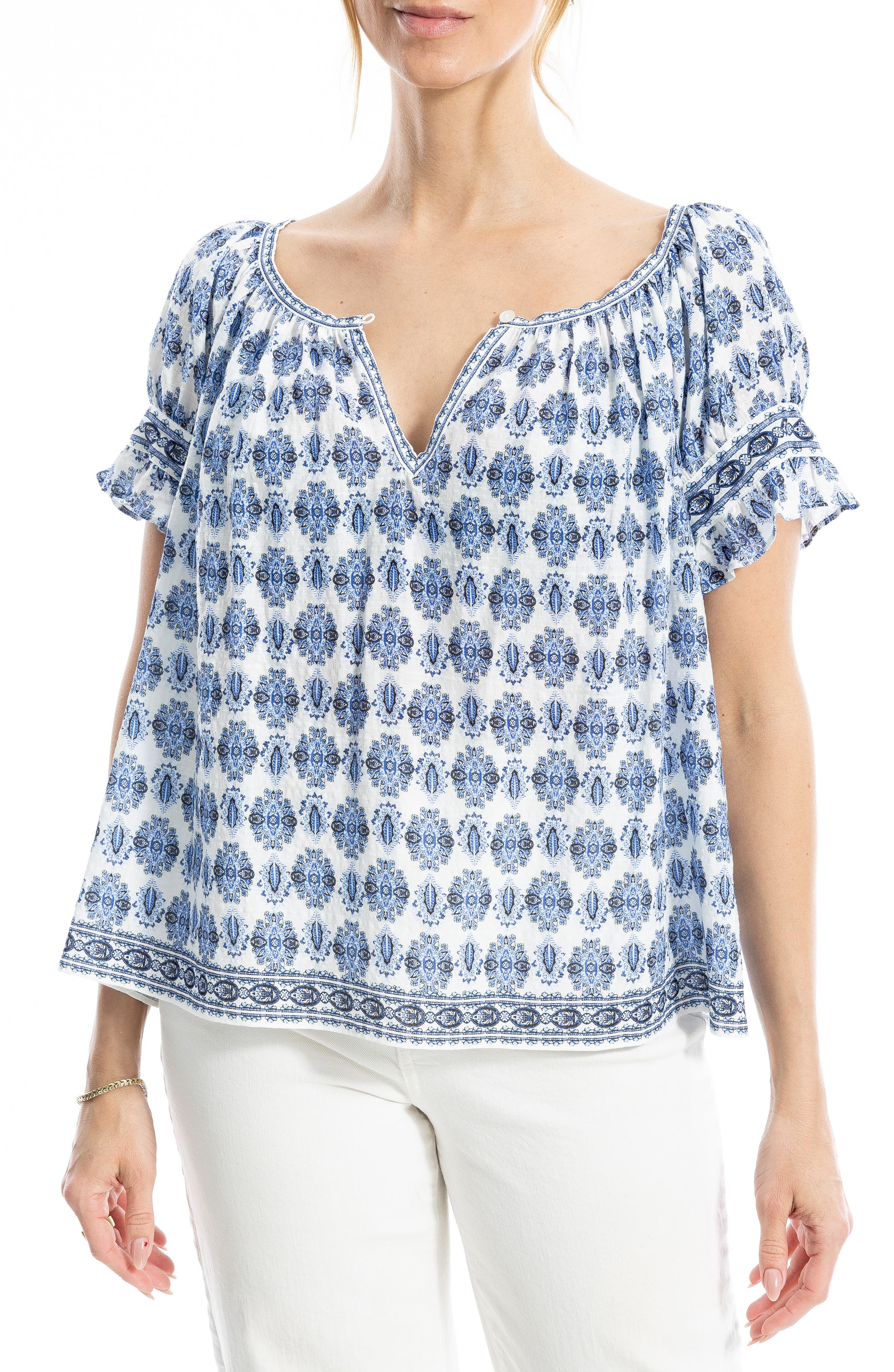 Max Studio Split Neck Ruffle Sleeve Top In Multi