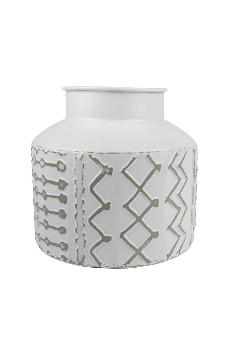 Foreside Home and Garden 6.75" Aaliyah Gray Multi Pattern Boho Chic Style Decorative Metal Vase, Main, color, White