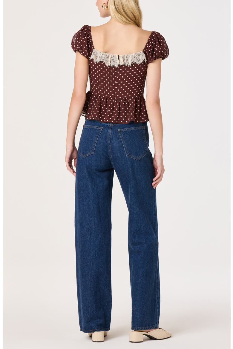 Letitia Polka Dot Lace Trim Peplum Top, Alternate, color, BROWN POLKADOT