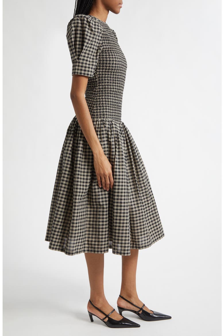 Gender Inclusive Imelda Smocked Plaid Midi Dress, Alternate, color, BLACK