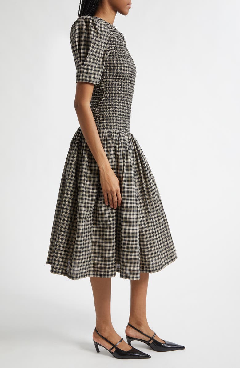 Tanner Fletcher Gender Inclusive Imelda Smocked Plaid Midi Dress, Alternate, color, Black