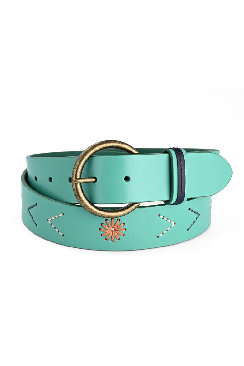 Boho Genuine Leather Perforated Handcrafted Detail Belt, Main, color, Aqua