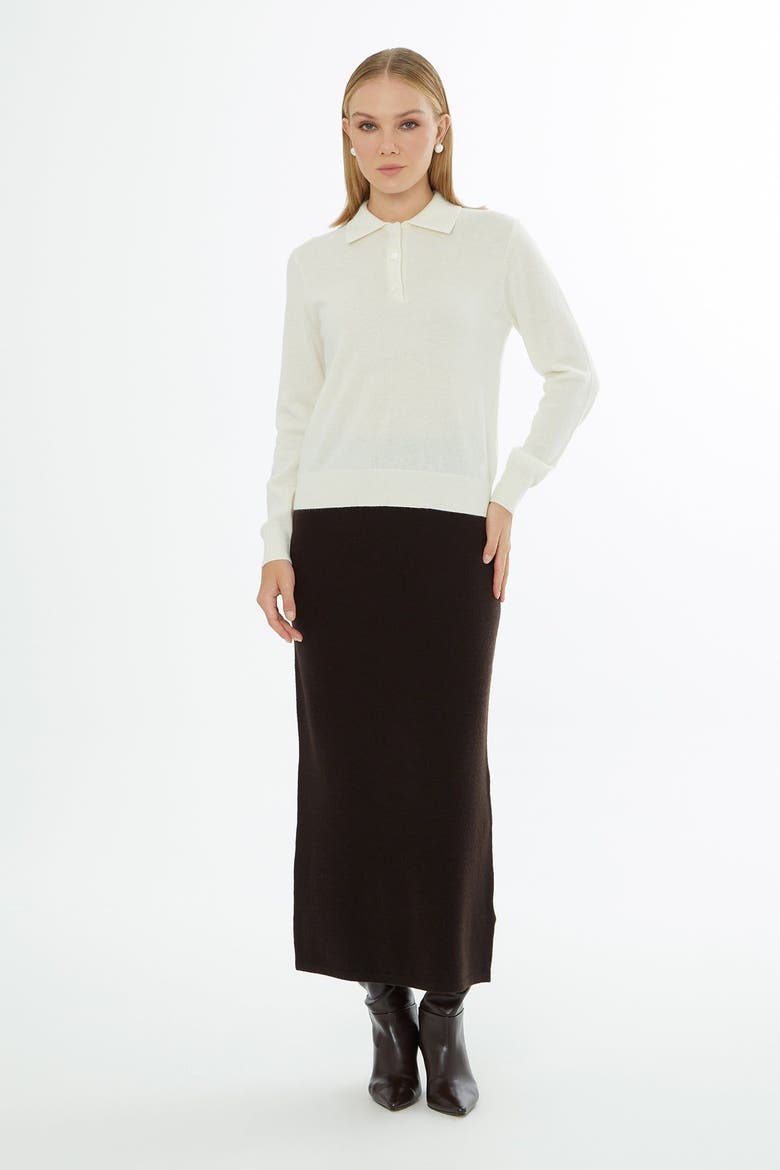 Shirt Collar Button-Front Wool Cashmere Knit Top, Alternate, color, Ecru