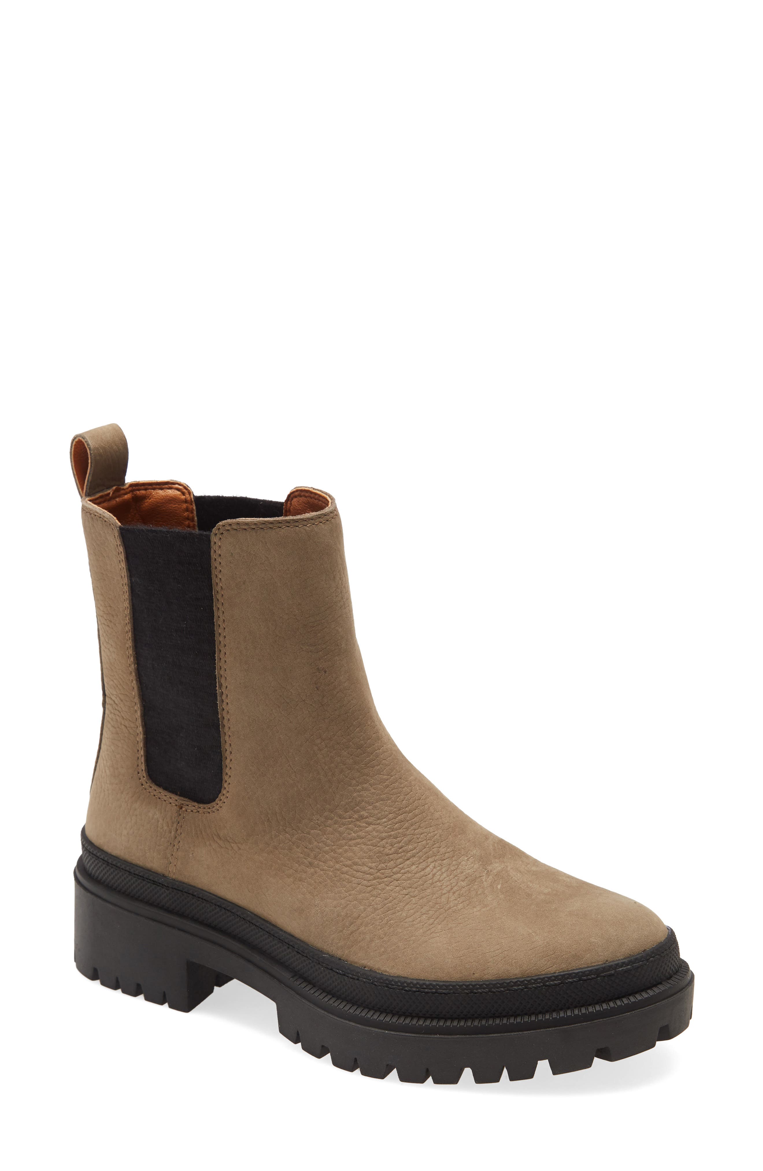 Ellerey Lug Leather Bootie, Main, color, PUTTY/ GREY NUBUCK LEATHER