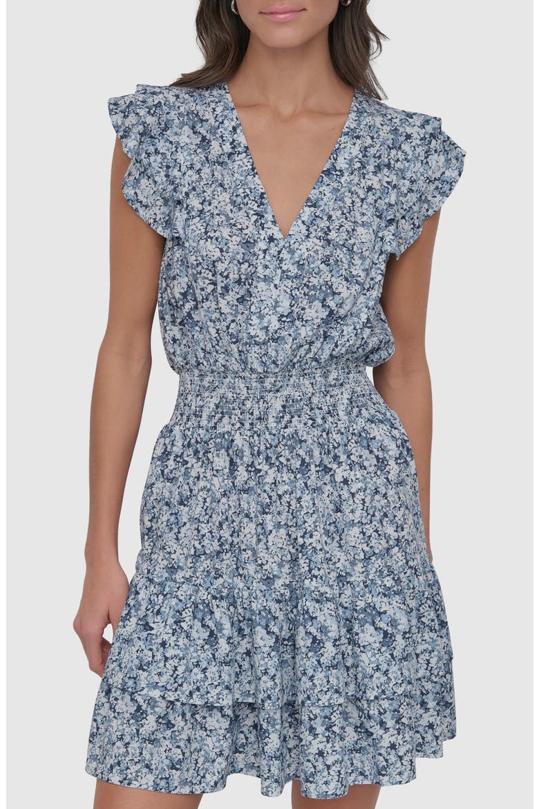 Pleated V-Neck Dress, Alternate, color, DITSY FLORAL COBALT