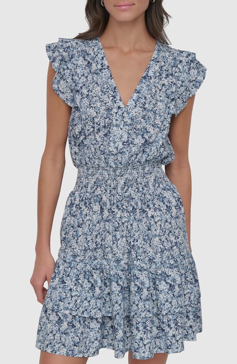 DKNY Jeans Pleated V-Neck Dress, Alternate, color, Ditsy Floral Cobalt