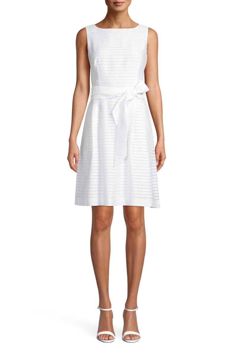 Sheer Stripe Sleeveless Fit & Flare Dress, Main, color, WHITE