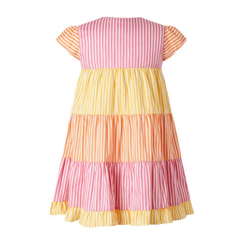 Rachel Riley Striped Tier Button-front Dress In Pink