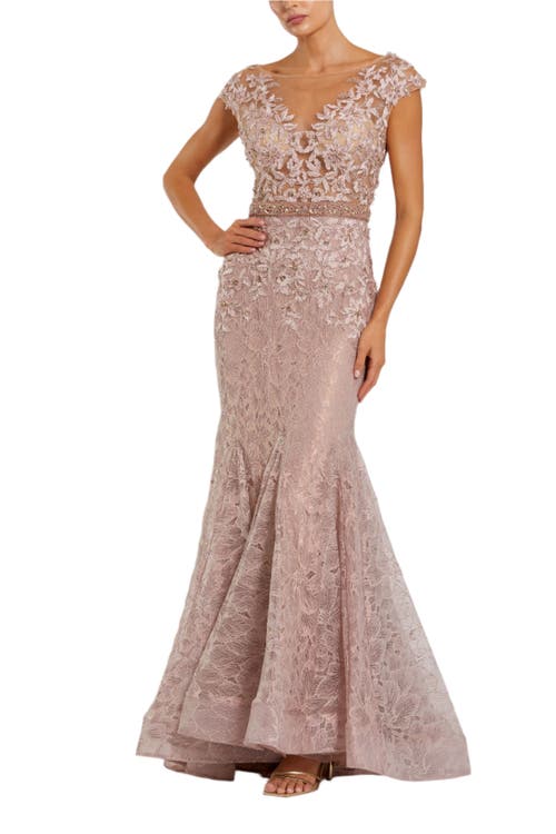 Mac Duggal Embroidered Illusion Appliqued Bodice Trumpet Gown In Mocha