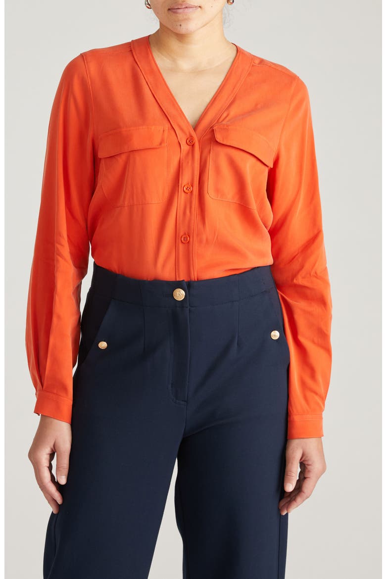 Cooling V-Neck Button-Up Shirt, Main, color, ORANGE FLAME