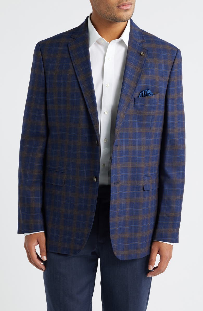 Johnston & Murphy Navy & Gold Plaid Wool Sport Coat, Main, color, Navy Plaid