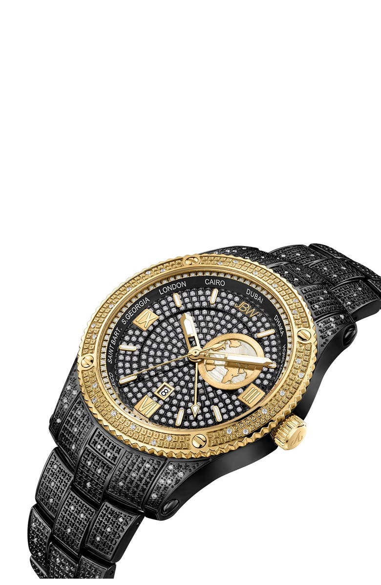 JBW Jet Setter GMT Diamond Bracelet Watch, 46mm, Alternate, color, Black