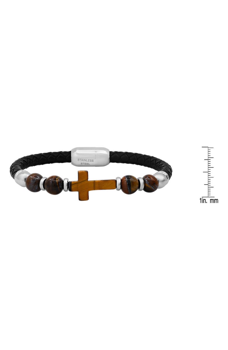 HMY JEWELRY Mens' Bead & Braided Leather Bracelet, Alternate, color, Silver/ Brown/ Black
