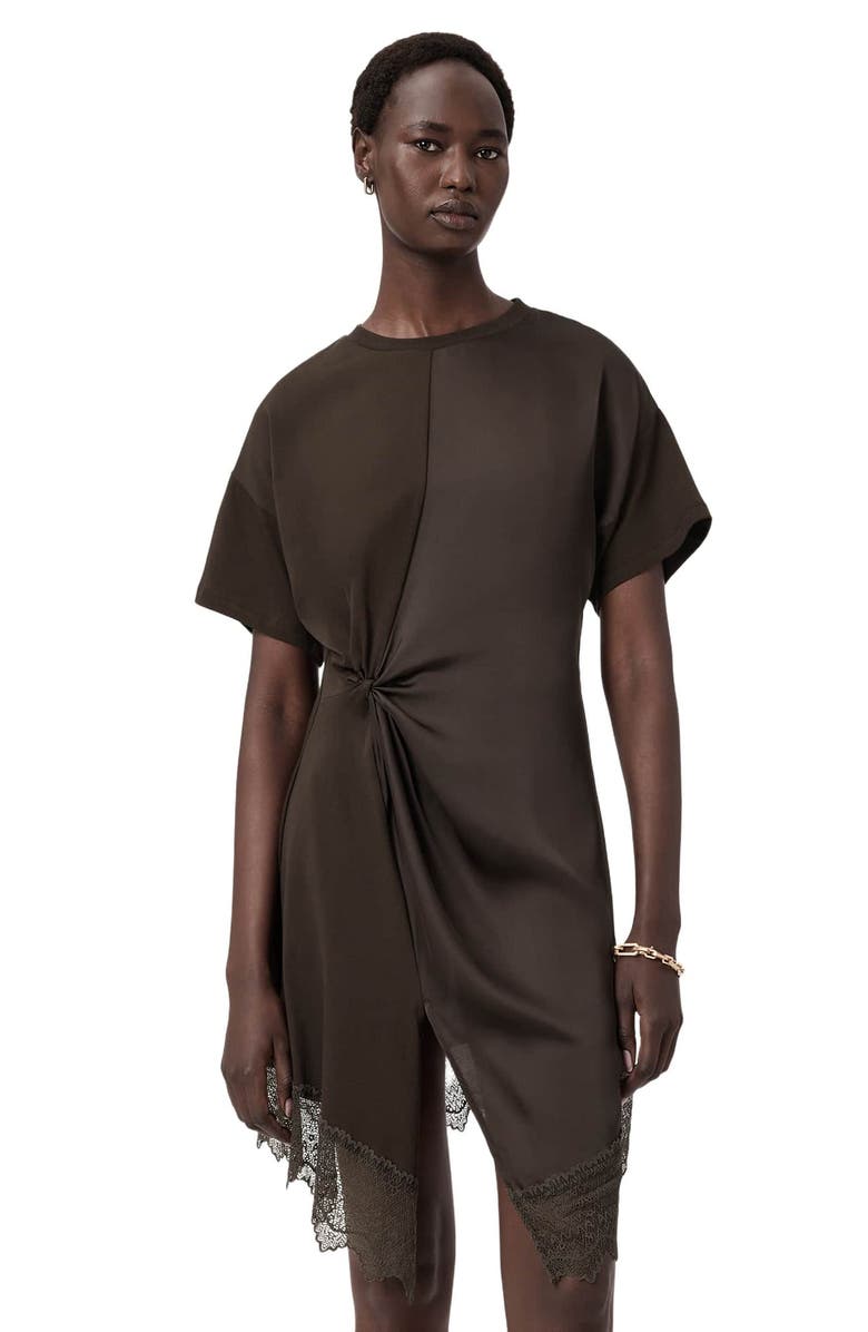 AllSaints Lana Lace Hem Minidress, Alternate, color, Bottle Brown