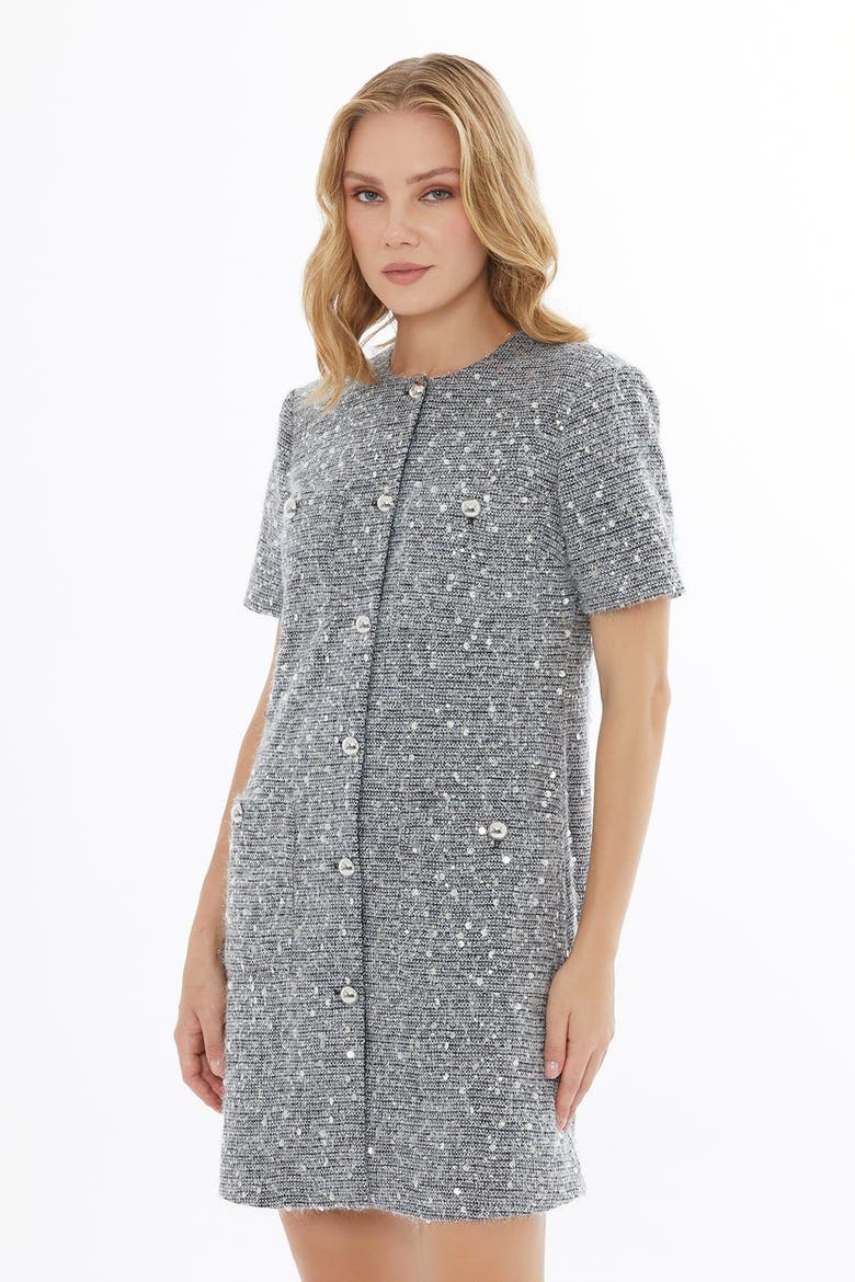 Button Closure Short-Sleeve Crew Neck Lined Dress, Alternate, color, Grey