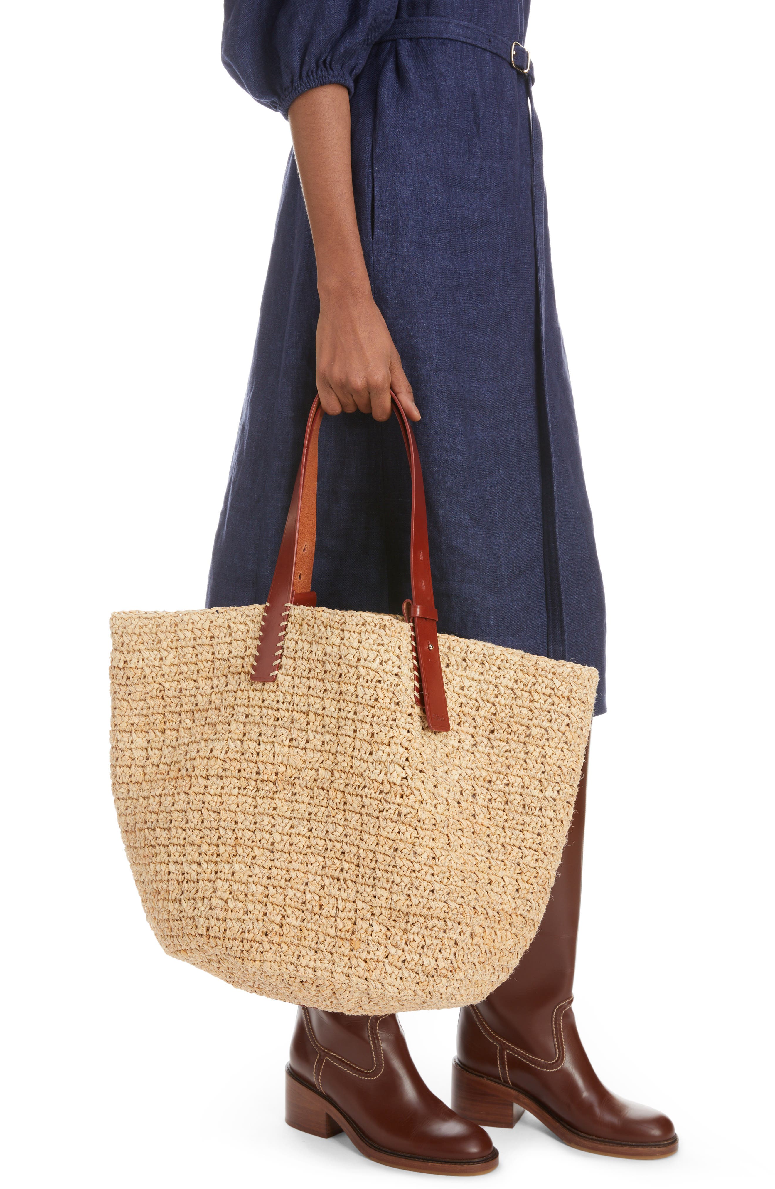 Chloé Medium Manuel Raffia Tote Bag, Alternate, color, Sepia Brown