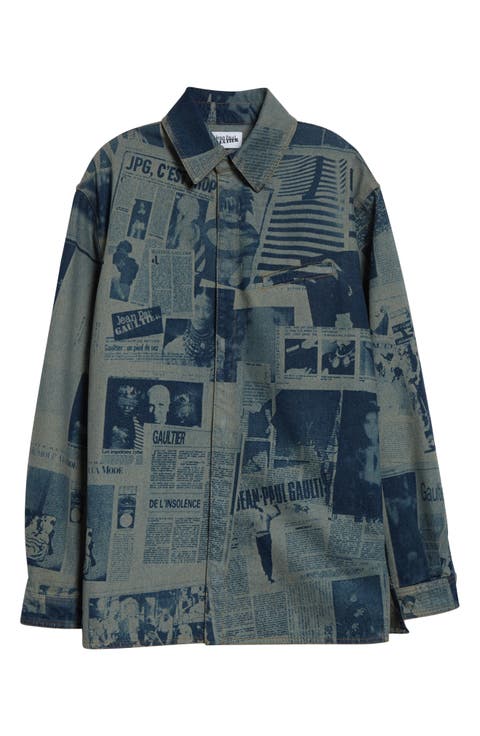 Newspaper Print Denim Button-Up Shirt