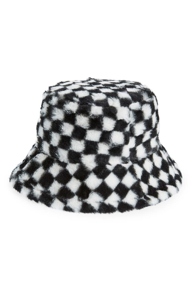 Rainbow Unicorn Birthday Surprise Checkerboard Faux Fur Bucket Hat, Main, color,