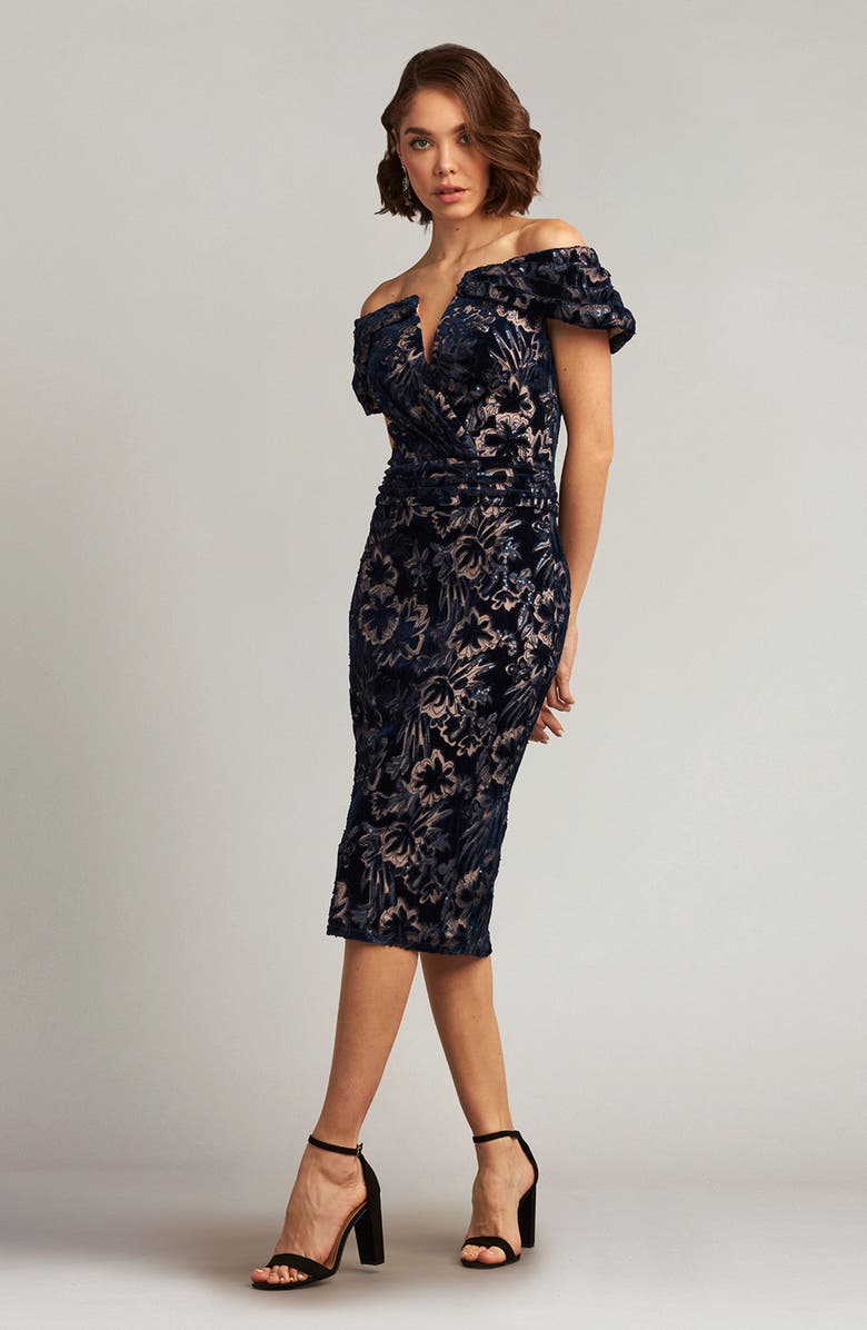 Tadashi Shoji Sequin Velvet Burnout Off-the-Shoulder Cocktail Dress, Alternate, color, 