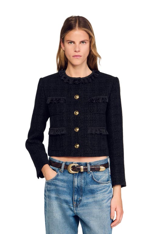 Sandro Ruffled Tweed Jacket In Black