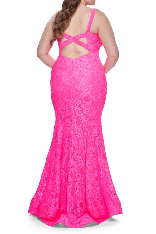 La Femme Mermaid Lace Plus Size Prom Dress With Deep V In Neon Pink