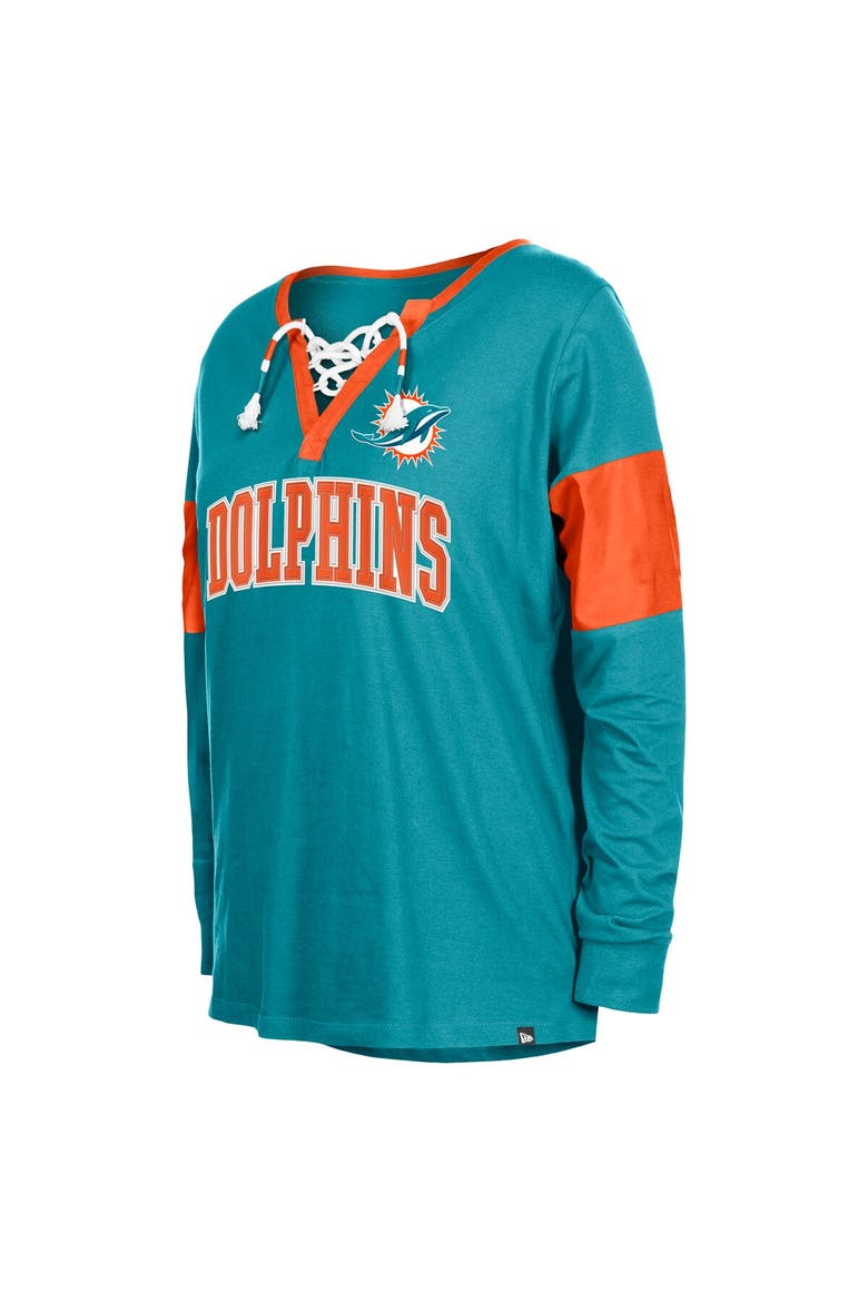 Women's New Era Aqua Miami Dolphins Lace-Up Notch-Neck Long Sleeve T-Shirt, Alternate, color, Aqua