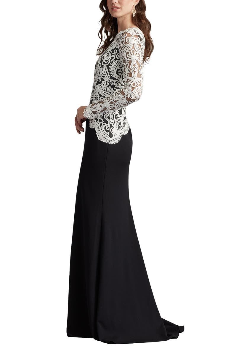 Tadashi Shoji Lace Scroll Crepe Gown, Alternate, color, Black/ Ivory
