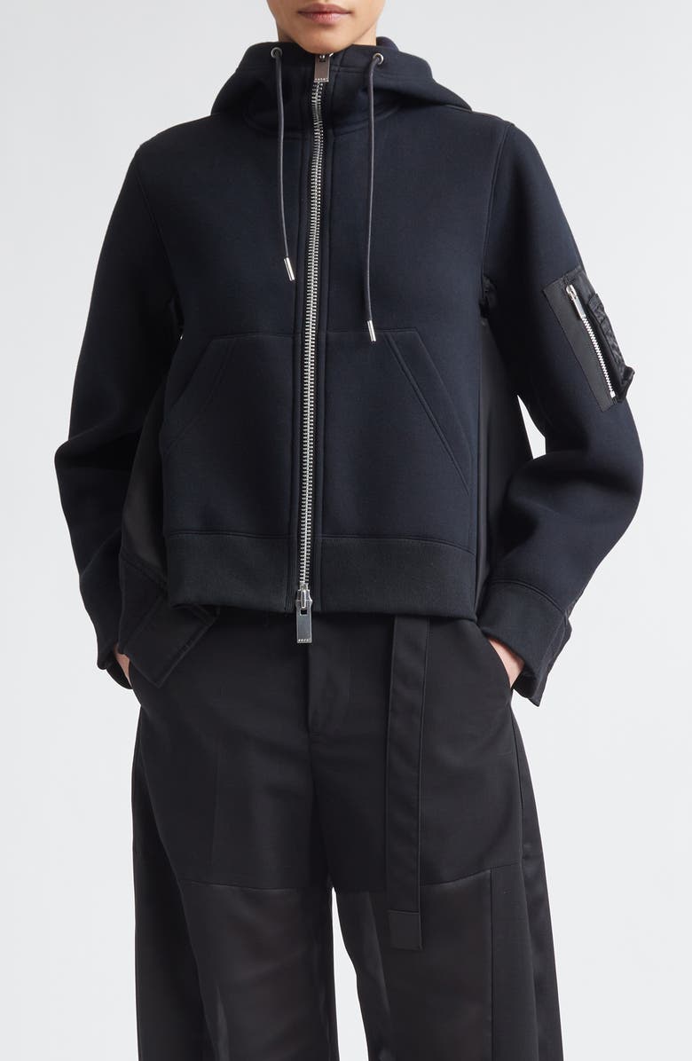 Sacai Sponge Sweat x Nylon Twill Full Zip Hoodie, Main, color, Black