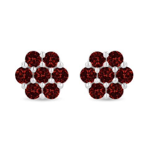 14K White Gold 1.0 Ct Red Diamond Prong 7 Stone Floral Stud Earrings