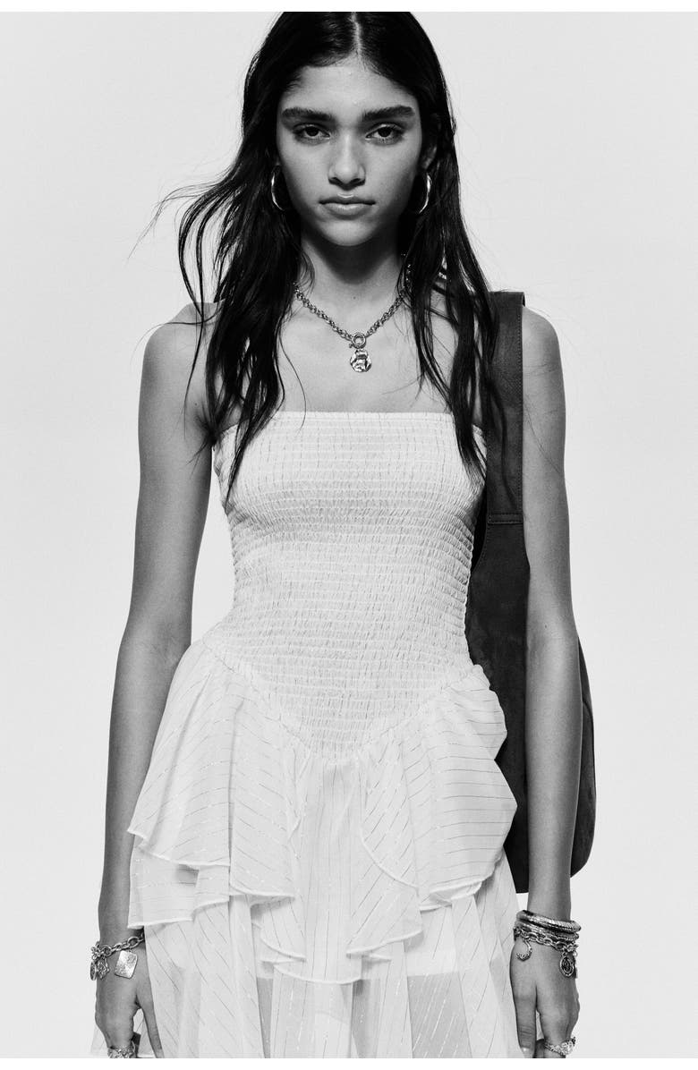 H&M Smocked Strappy Dress, Alternate, color, White/Gold-Colored