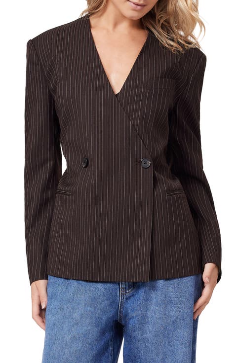 Pinstripe Belted Double Breasted Blazer