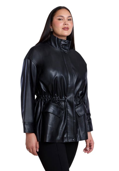 Faux Leather Funnel Neck Cinched Waist Jacket (plus)