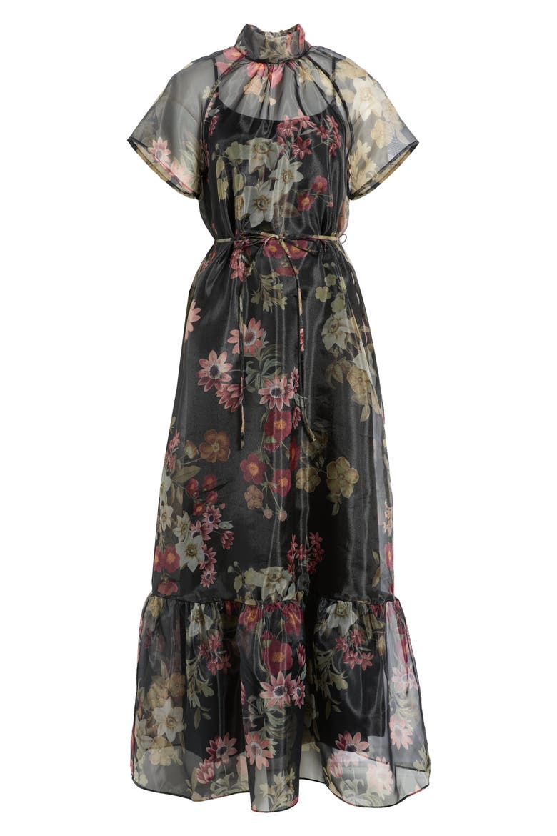 Print Tie Waist Organza Gown, Alternate, color, BLACK MULTI