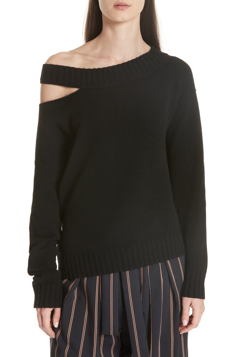 One Shoulder Slit Pullover Sweater, Main, color, BLACK
