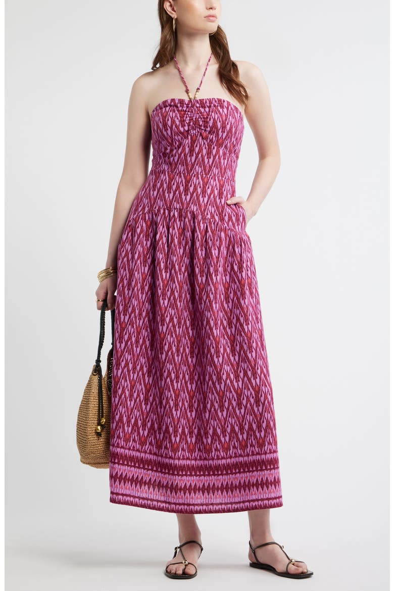 Halter Neck Drop Waist Linen Blend Maxi Dress, Alternate, color, PINK- BURGUNDY DIAMOND IKAT