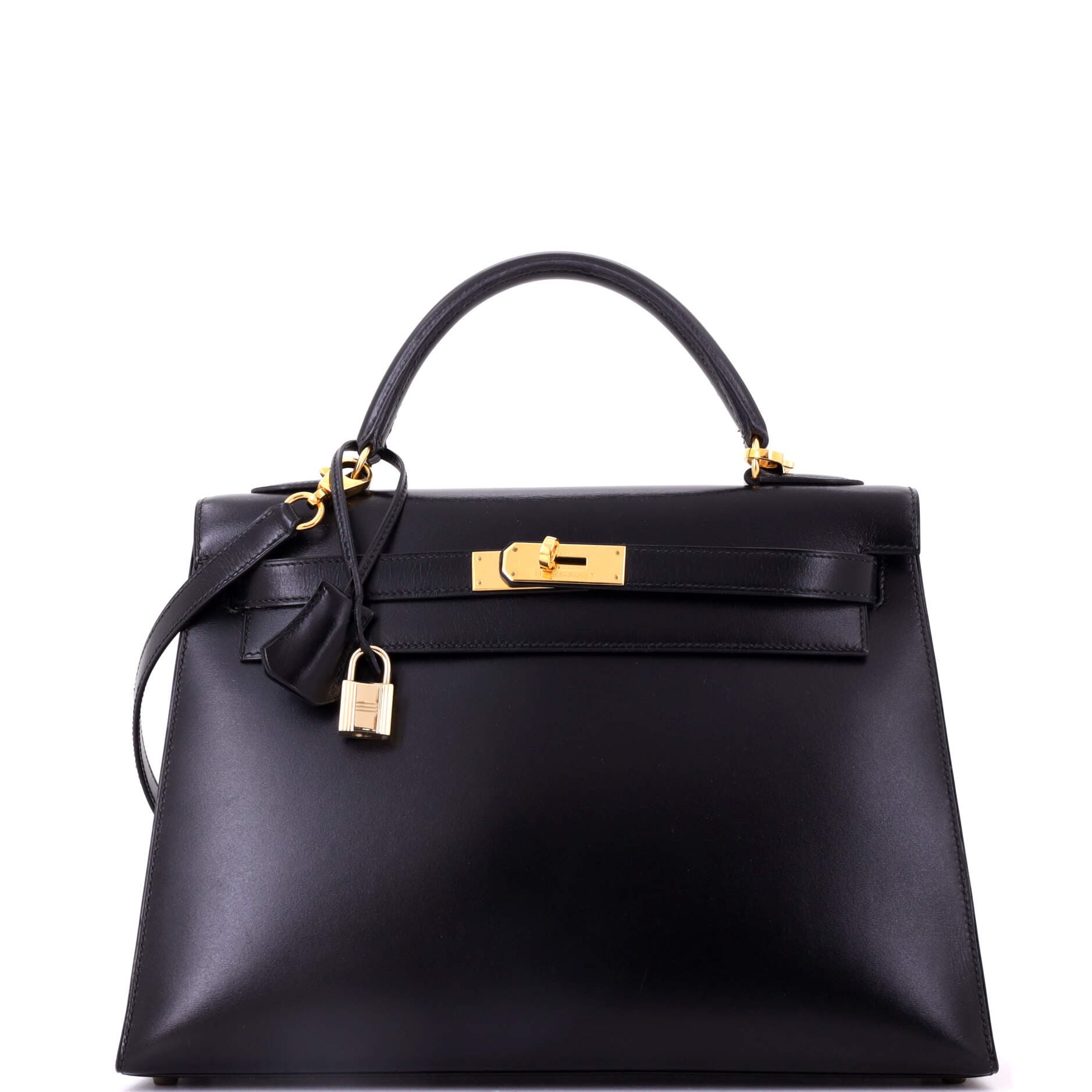 Pre-Owned Hermes Kelly Handbag Black Box Calf with Gold Hardware 32, Main, color, Noir