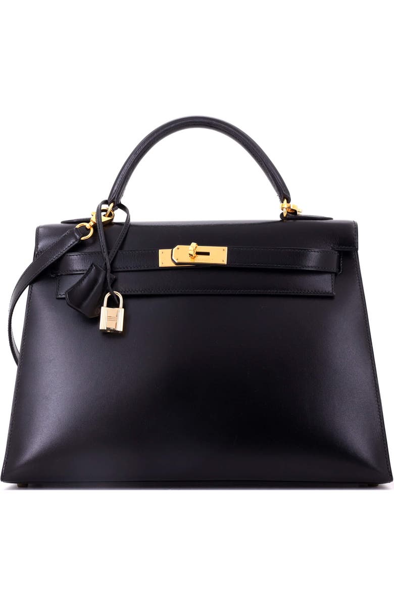 Pre-Owned Hermes Kelly Handbag Black Box Calf with Gold Hardware 32, Main, color, Noir