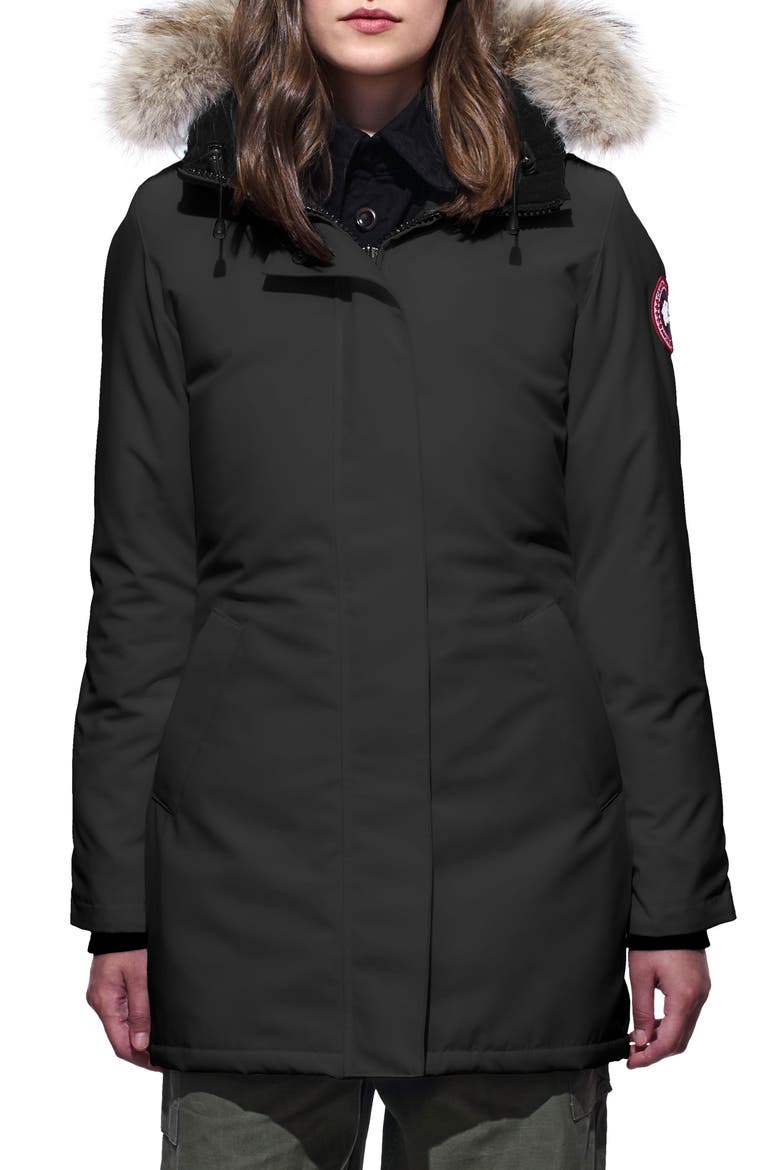 Victoria Fusion Fit Down Parka with Genuine Coyote Fur Trim, Main, color, BLACK
