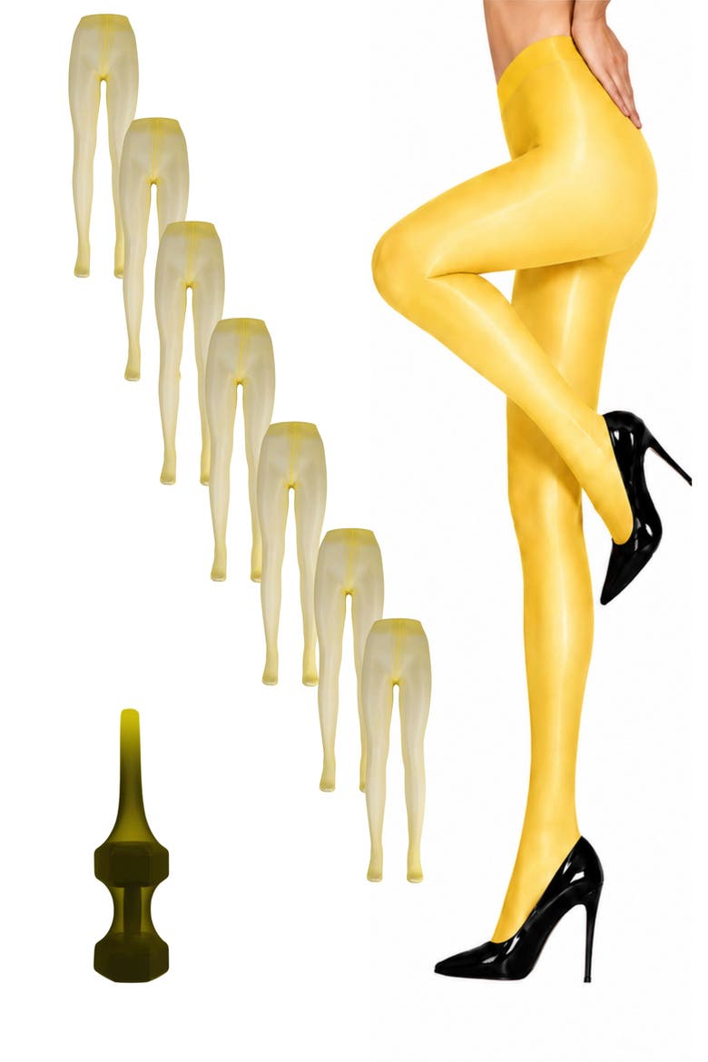 7-Pack Glossy Sheer Run Resistant Party Evening Tights for Women, Main, color, Yellow