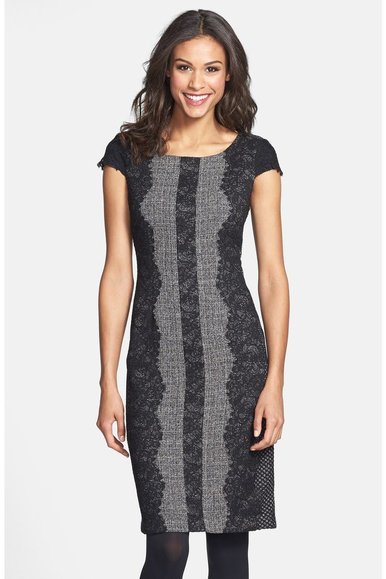 Lace Trim Tweed Sheath Dress, Main, color, BLACK/ GREY
