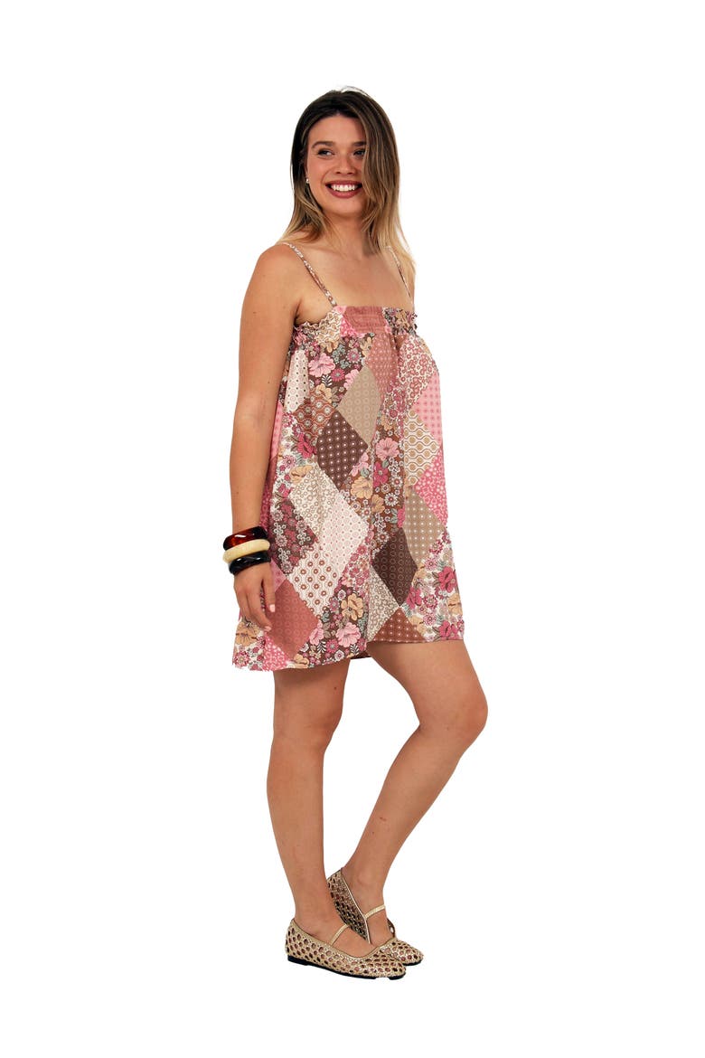 Womens Essential Patchwork Spaghetti Strap Smocked A-Line Pocket Mini Dress, Alternate, color, Pink Multi