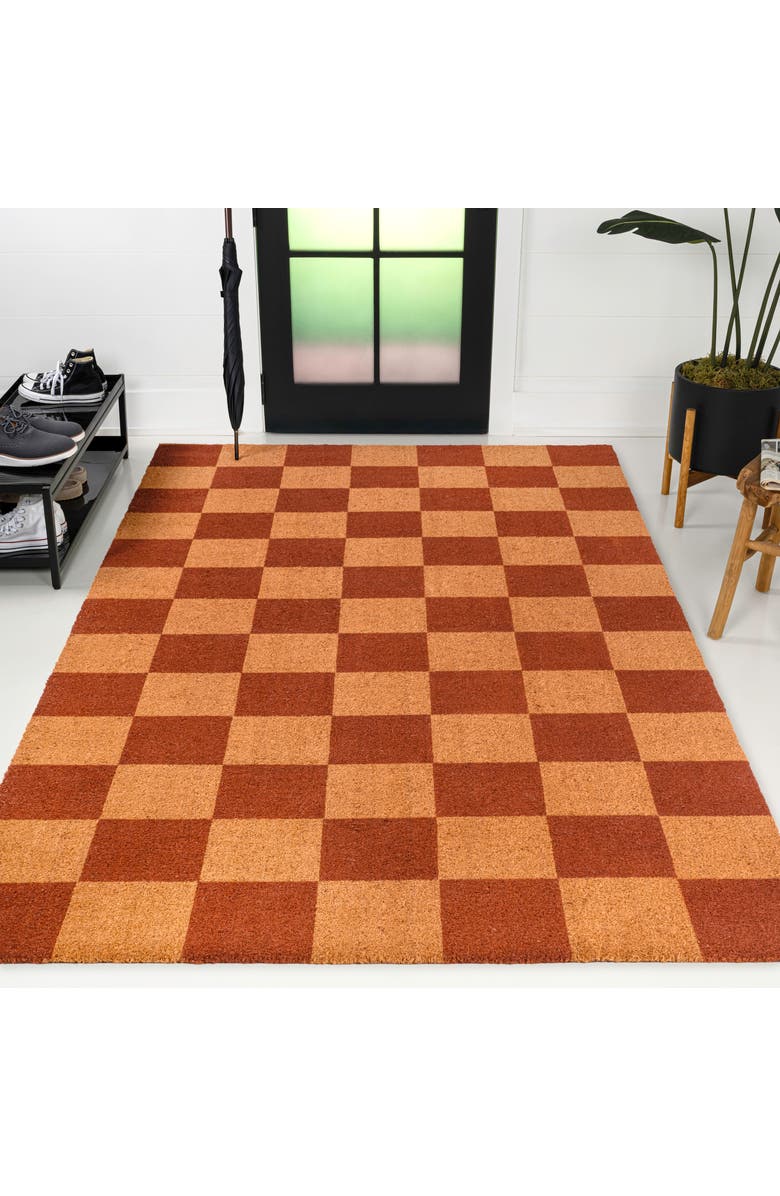 JONATHAN Y Peater Classic Casual Commerical Natural Coir Mat Indoor/Outdoor, Main, color, Natural Red Checker