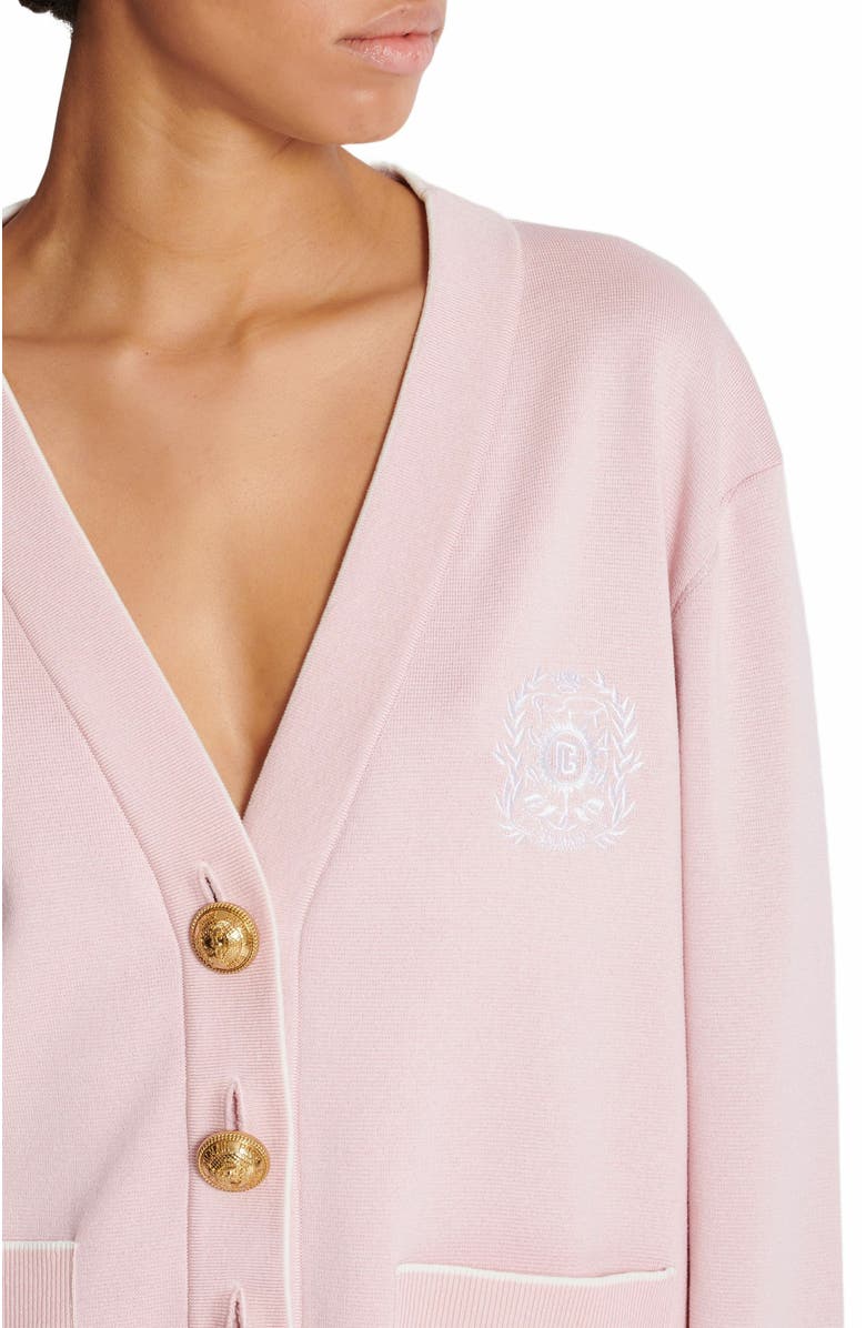 Balmain Emblème-Embroidered Knit Cardigan, Alternate, color, Pink