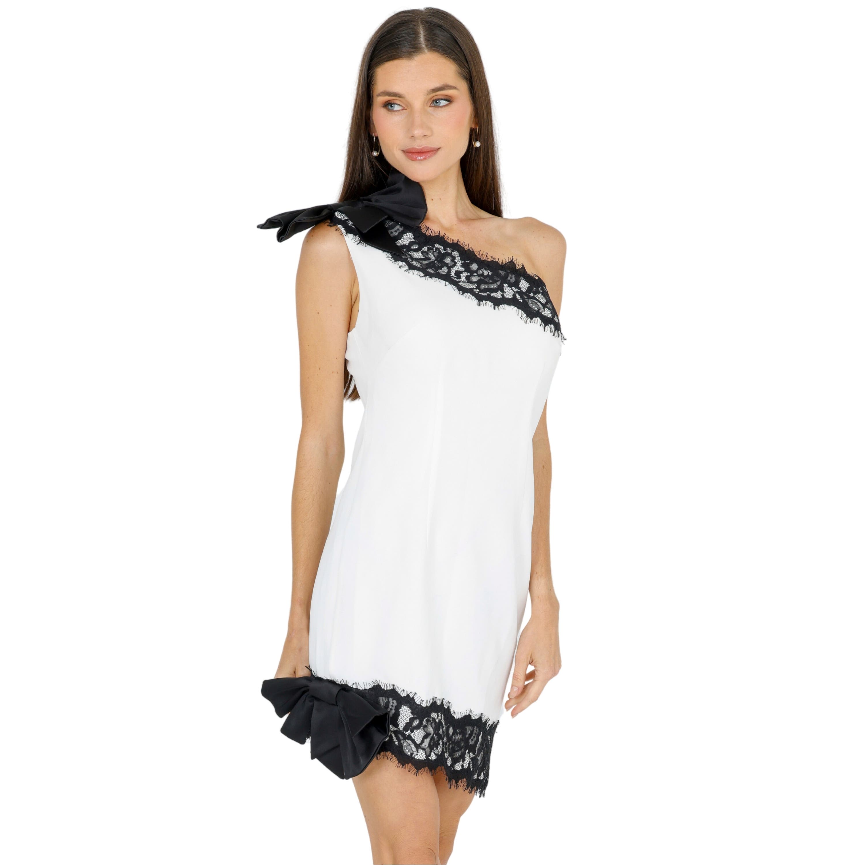 Akalia Zeena One Shoulder Lace Mini Dress In Black
